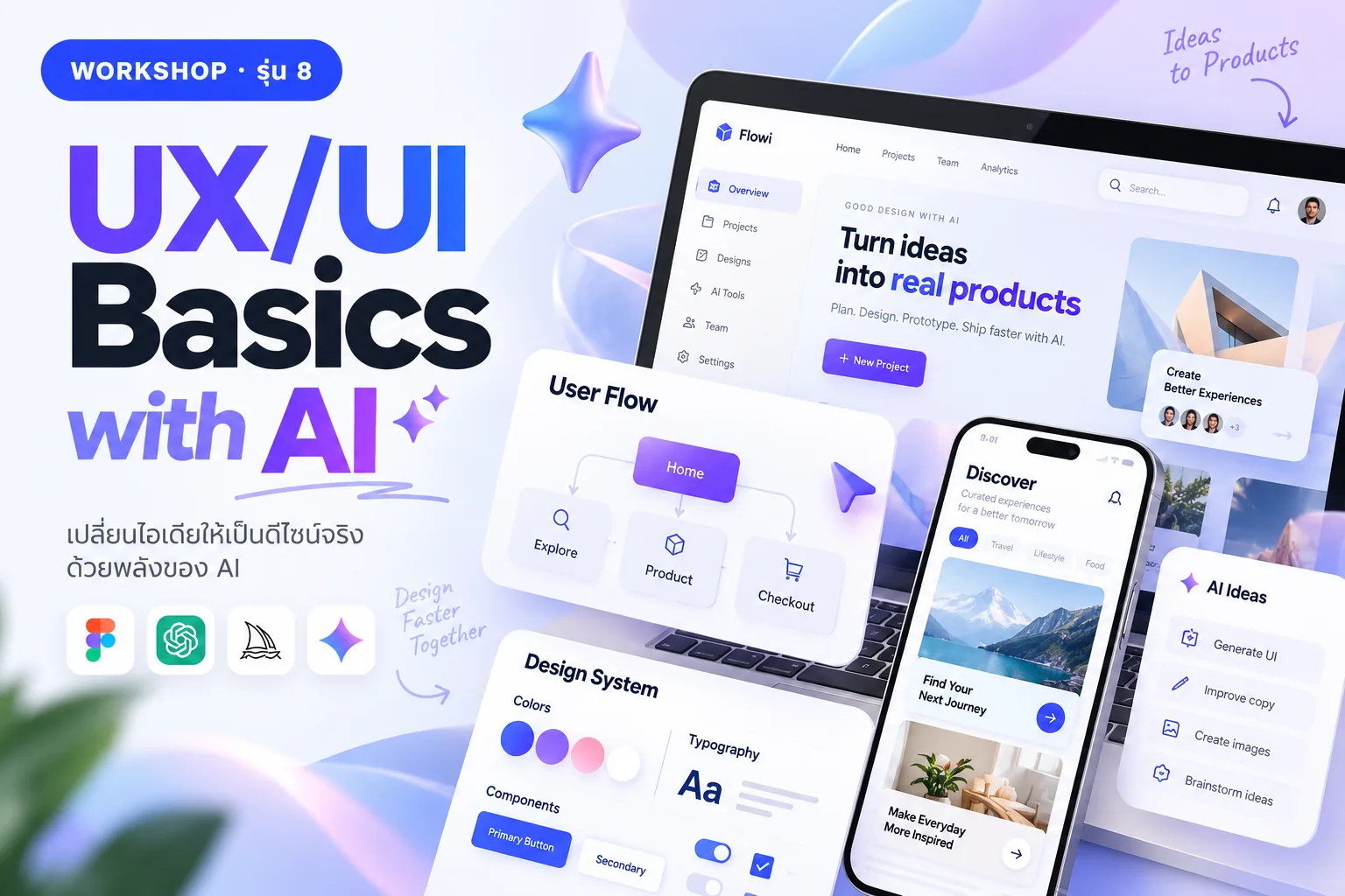 ภาพประกอบ UX/UI Basics with AI รุ่น 8 แสดงหน้าจอ UI, User Flow และ Design System